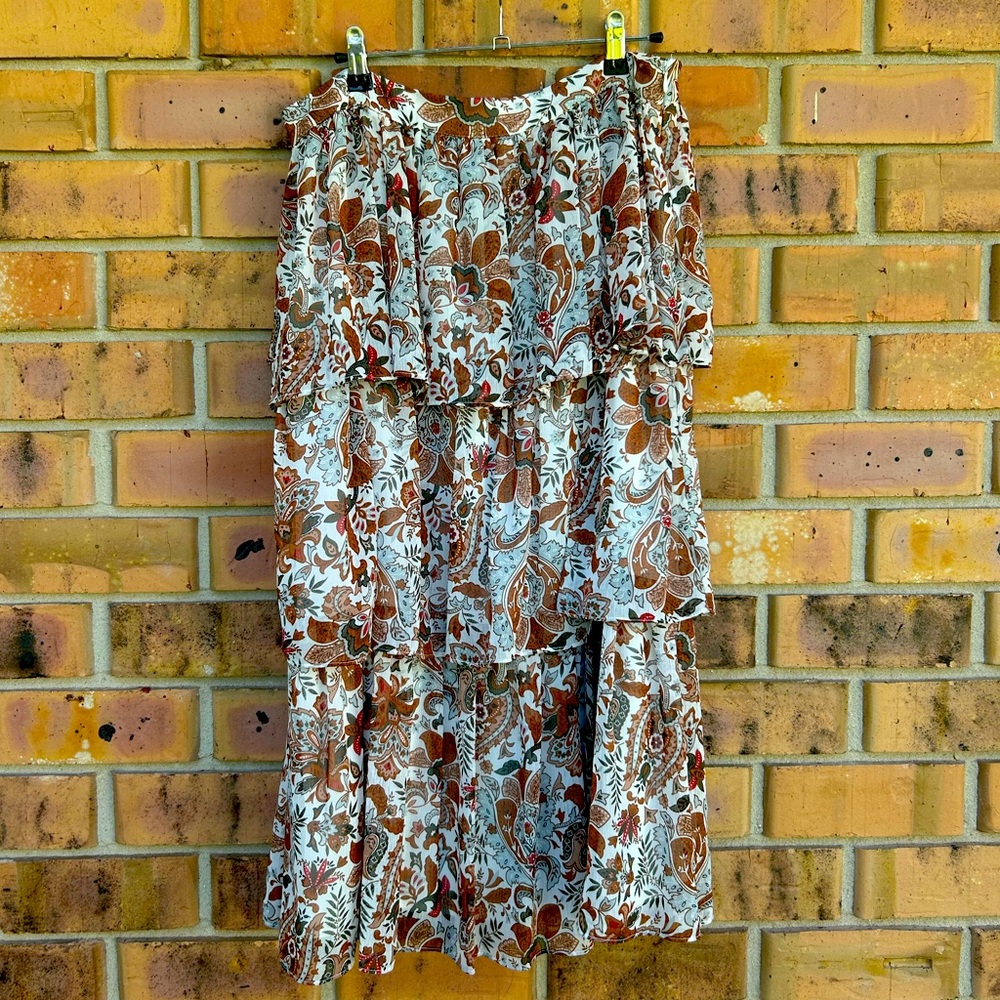Chelsea and Violet Paisley Printed Skirt ruffle layered fall brown green
